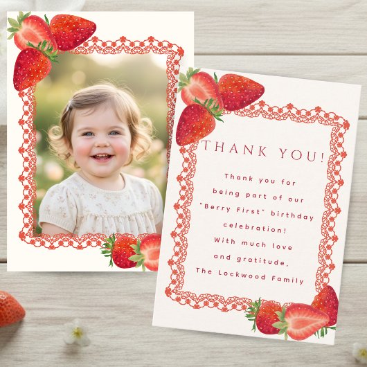 Red Lace Berry First Birthday Photo Thank You Card