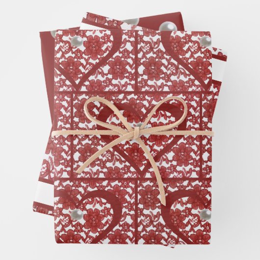 Red Lace Pattern Valentine Geschenkpapier Set (Beispiel)