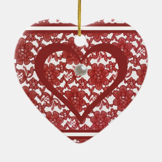 Red Lace Pattern Valentine Keramik Ornament (Hinten)