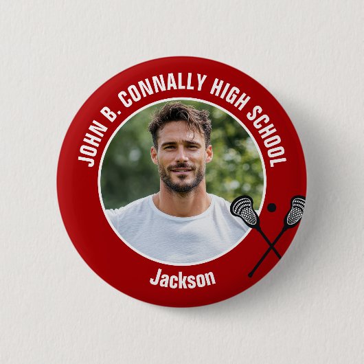 Red Lacrosse Player Photo High School Spirit Button (Vorderseite)
