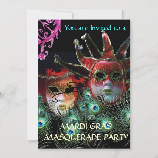 RED LADY AND JESTER MASK with PEACOCK FEATHERS Einladung (Vorderseite)