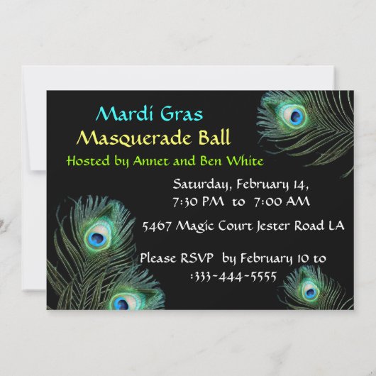 RED LADY AND JESTER MASK with PEACOCK FEATHERS Einladung (Rückseite)
