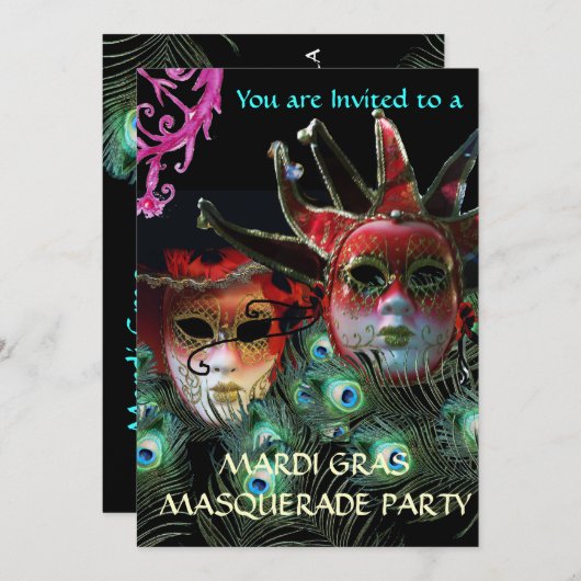 RED LADY AND JESTER MASK with PEACOCK FEATHERS Einladung (Vorne/Hinten)