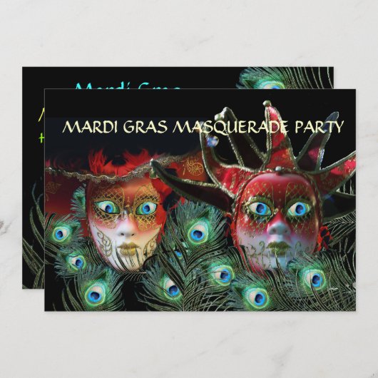 RED LADY AND JESTER MASK with PEACOCK FEATHERS Einladung (Vorne/Hinten)