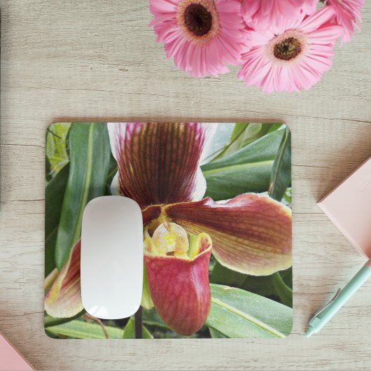 Red Lady Slipper Orchid Floral Mousepad