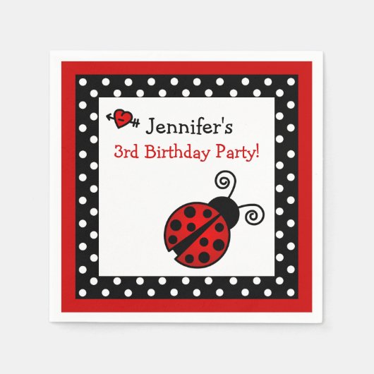 Red Ladybug Birthday - Schwarze und weiße Polka Do Serviette (Vorderseite)