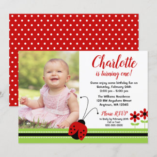 Red Ladybug Girl Birthday Foto Einladungen