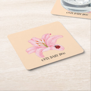 Red Ladybug Rosa Lily Blume individuelle Name Rechteckiger Pappuntersetzer
