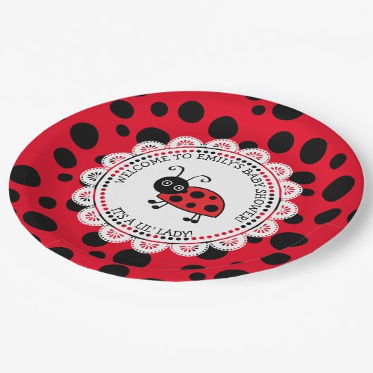 Red Ladybug Themed Baby Dusche Pappteller (Schrägansicht)