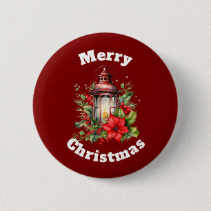 Red Lantern Poinsettia und Pine Frohe Weihnachten Button