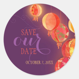 Red Lanterns Lila Hochzeit Rettete unser Datum Runder Aufkleber