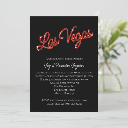 Red Las Vegas Glitzern Post Hochzeit Einladung (Stehend Vorderseite)
