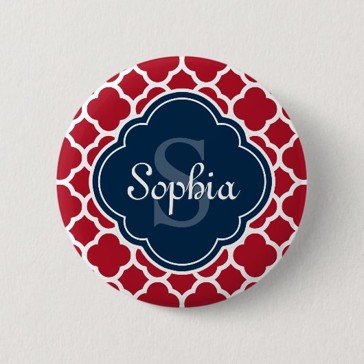 Red Lattice Pattern Navy Monogram Button (Vorderseite)