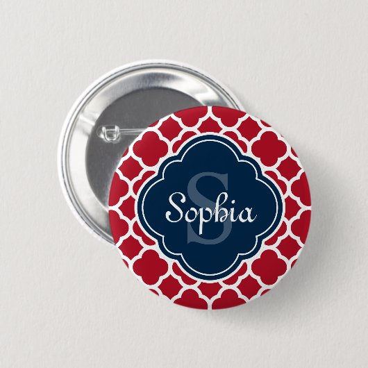 Red Lattice Pattern Navy Monogram Button (Vorne & Hinten)