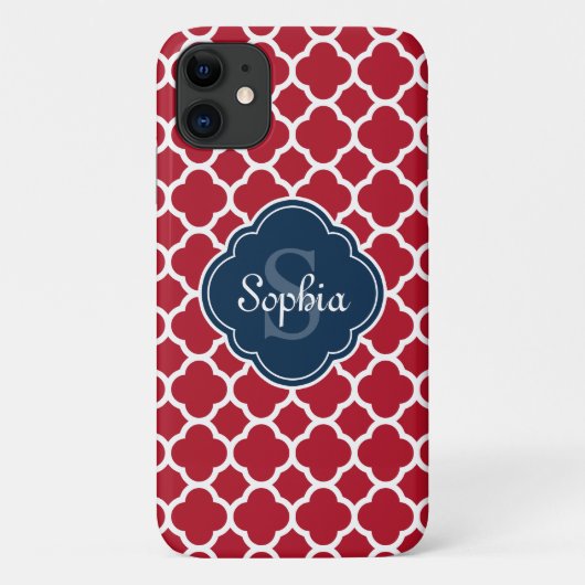 Red Lattice Pattern Navy Monogram Case-Mate iPhone Hülle (Rückseite)