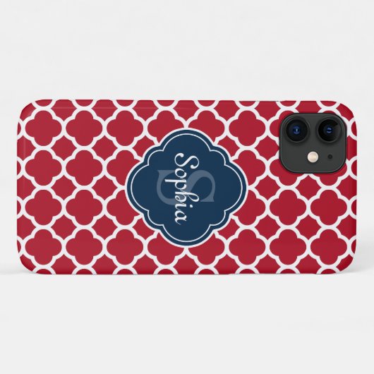 Red Lattice Pattern Navy Monogram Case-Mate iPhone Hülle (Rückseite (Horizontal))