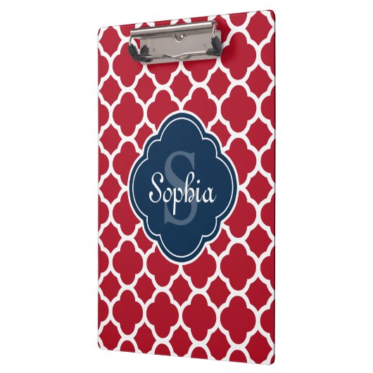 Red Lattice Pattern Navy Monogram Klemmbrett (Links)