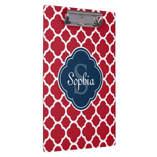 Red Lattice Pattern Navy Monogram Klemmbrett (Rechts)