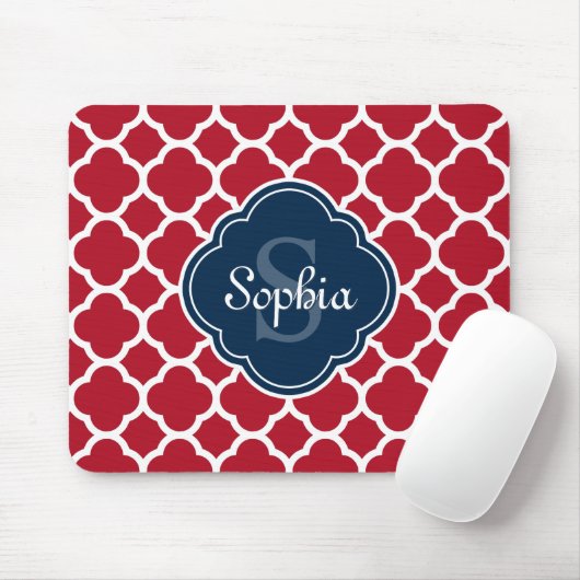 Red Lattice Pattern Navy Monogram Mousepad (Mit Mouse)