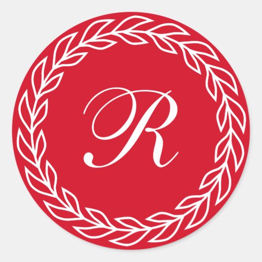 Red Laurel Wreath mit Custom Monogram Runder Aufkleber (Vorderseite)