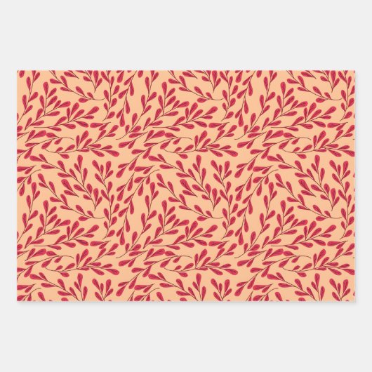  Red Leafy Branches Seamless Pattern Geschenkpapier Set (Vorderseite 3)