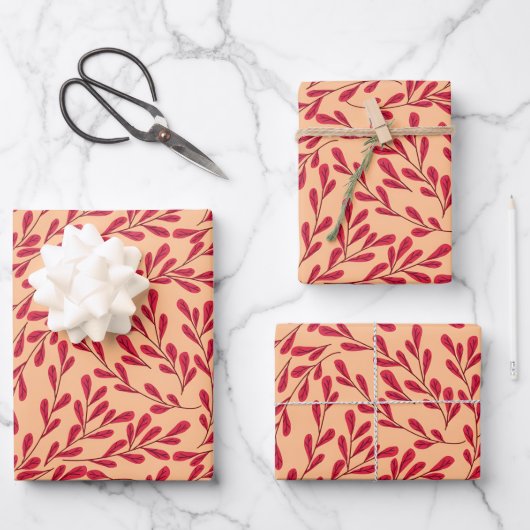  Red Leafy Branches Seamless Pattern Geschenkpapier Set (Vorderseite)