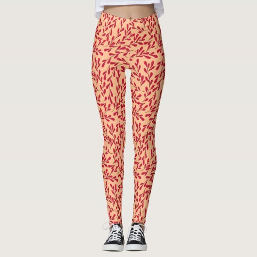 Red Leafy Branches Seamless Pattern Leggings (Vorderseite)