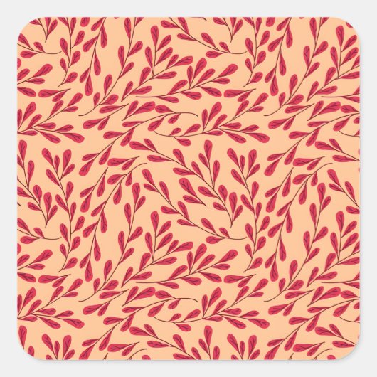  Red Leafy Branches Seamless Pattern Quadratischer Aufkleber (Vorderseite)