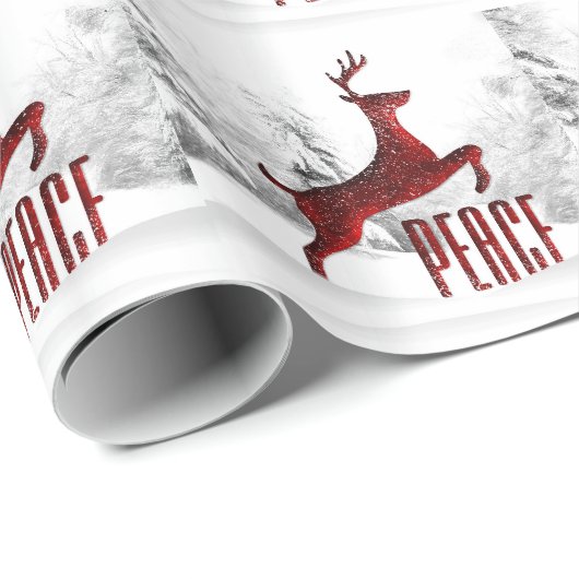 Red Leaping Rentier mit Frieden im Winterwald Geschenkpapier (Rolleneckpunkt)