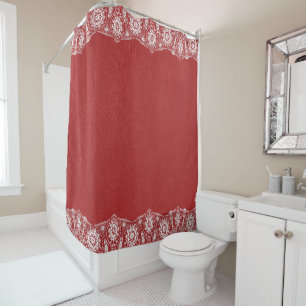 Red Leather Textur White Lace Border Duschvorhang