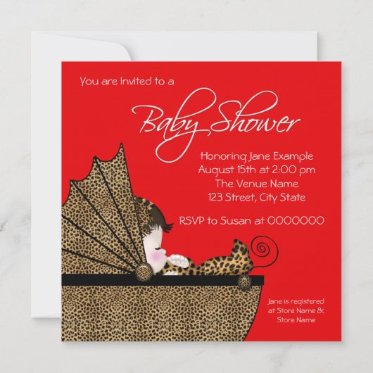 Red Leopard Baby Girl Dusche Einladung (Rückseite)