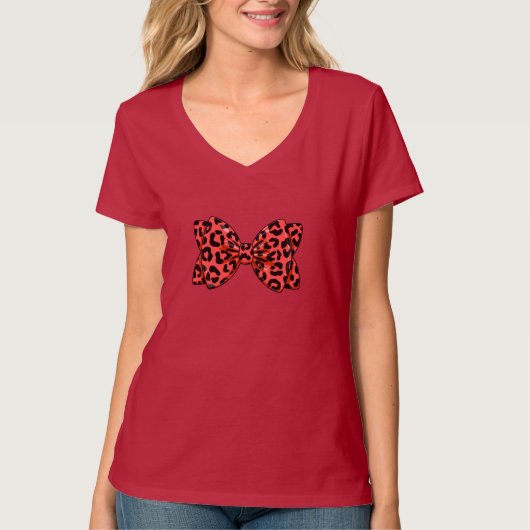 Red Leopard Print Bow Mode Accessoire Niedlich Art T-Shirt (Vorderseite)