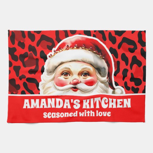 Red Leopard Print Retro Santa Claus Weihnachten Geschirrtuch (Horizontal)