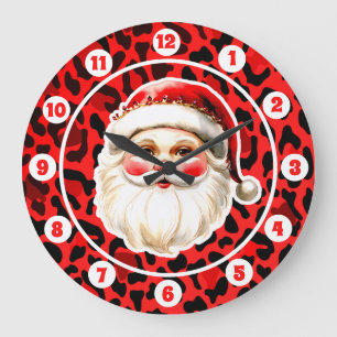 Red Leopard Print Retro Santa Claus Weihnachten Große Wanduhr