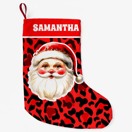 Red Leopard Print Retro Santa Claus Weihnachten Kleiner Weihnachtsstrumpf (Vorderseite)