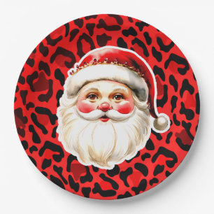 Red Leopard Print Retro Santa Claus Weihnachten Pappteller