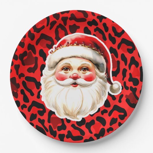 Red Leopard Print Retro Santa Claus Weihnachten Pappteller (Vorderseite)