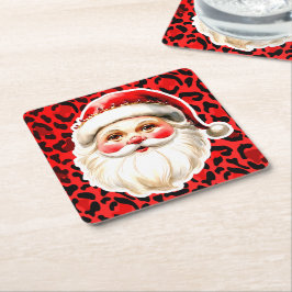 Red Leopard Print Retro Santa Claus Weihnachten Rechteckiger Pappuntersetzer