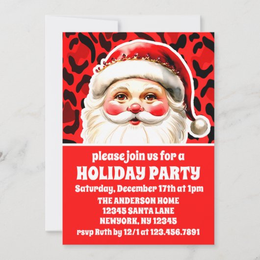 Red Leopard Print Retro Weihnachts-Party Einladung (Vorderseite)