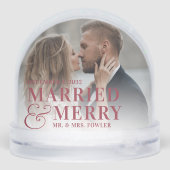 Red Letters Verheiratet & Merry Wedding Foto Schneekugeln (Rückseite)