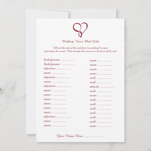 Red Liebe Heart Wedding Libs Game (Rückseite)