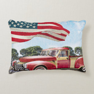Red Lieferwagen Truck: Amerikanische Flagge Vintag Dekokissen