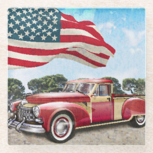 Red Lieferwagen Truck: Amerikanische Flagge Vintag Glasuntersetzer