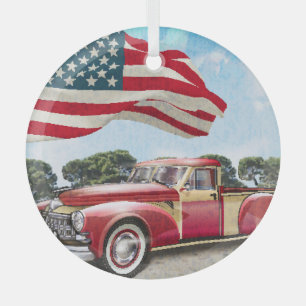 Red Lieferwagen Truck: Amerikanische Flagge Vintag Ornament Aus Glas