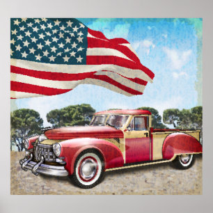 Red Lieferwagen Truck: Amerikanische Flagge Vintag Poster