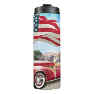 Red Lieferwagen Truck: Amerikanische Flagge Vintag Thermosbecher