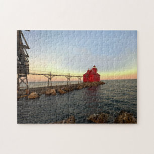 Red Lighthouse Stormy Seas Jigsaw Puzzle