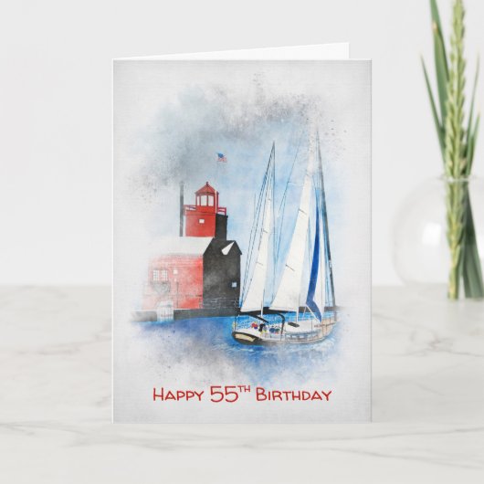 Red Lighthouse und Sailboat 55. Geburtstag Karte (Vorderseite)