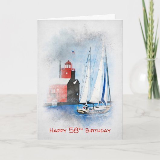 Red Lighthouse und Sailboat 58. Geburtstag Karte (Vorderseite)
