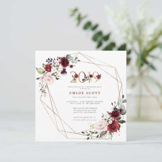 Red Lila Floral Gold Geometric Abschluss Einladung (Stehend Vorderseite)